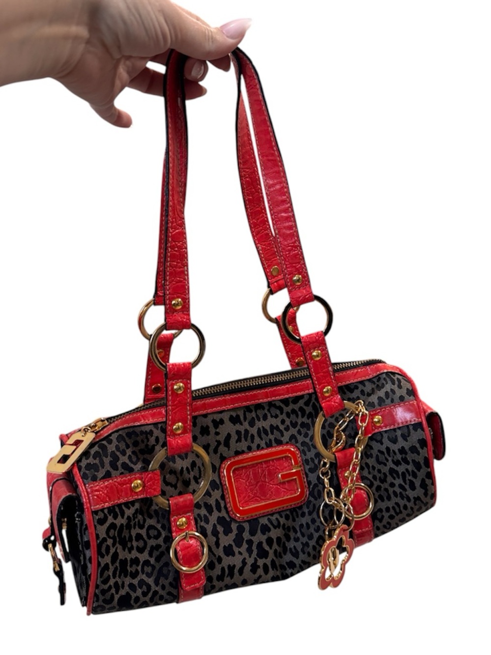Vintage Guess Y2K Grey Animal Print Red Faux Leather Accent Barrel Shoulder Bag